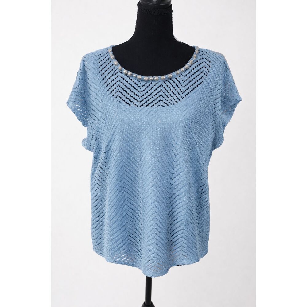 Ruby Rd Blue Crochet Lace Top Studded Neckline Size Large L Chevron Knit Blouse